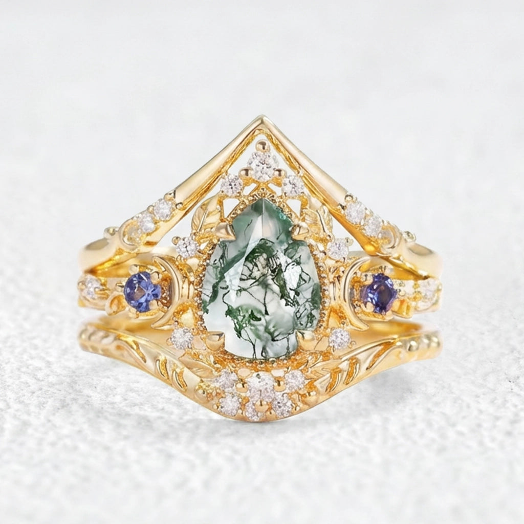 Unique Moonlight Moss Agate Pear Cut Vine Leaf Ring Bridal Sets 2pcs