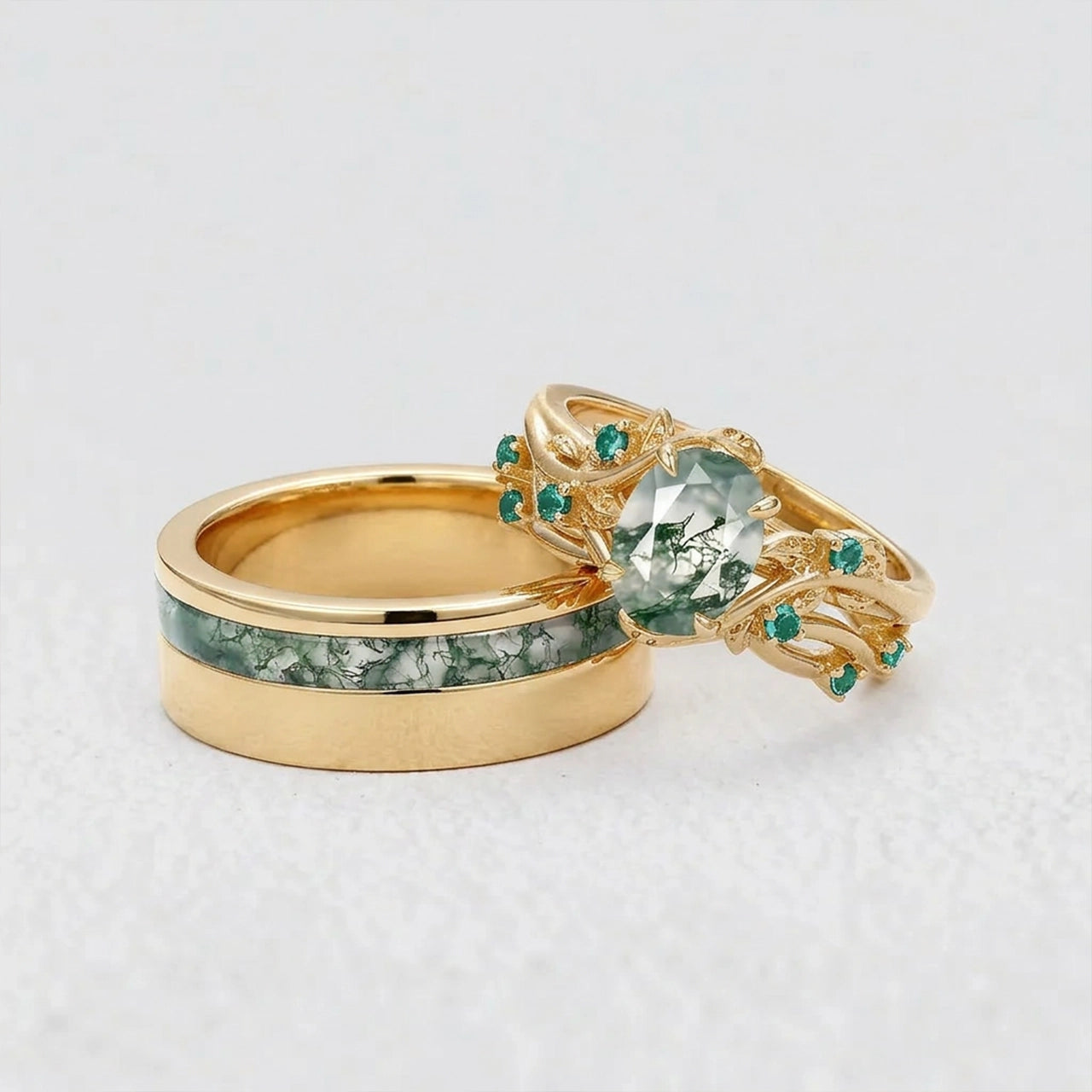 Sylvie’s Shadow | Black Gold & Oval Moss Agate Couple Ring Set 3pcs