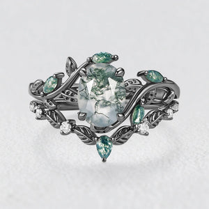 Daphne’s Vine | Oval Moss Agate Engagement Ring Set 2pcs