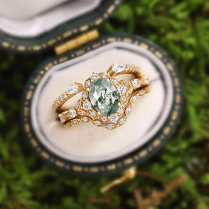 Unique Oval Cut Moss Agate Cluster Engagement Ring Set 3pcs