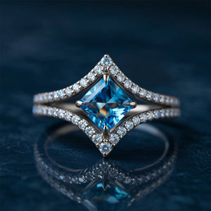 The Arista Peak 2CT Princess Cut Blue Gemstone Halo Ring