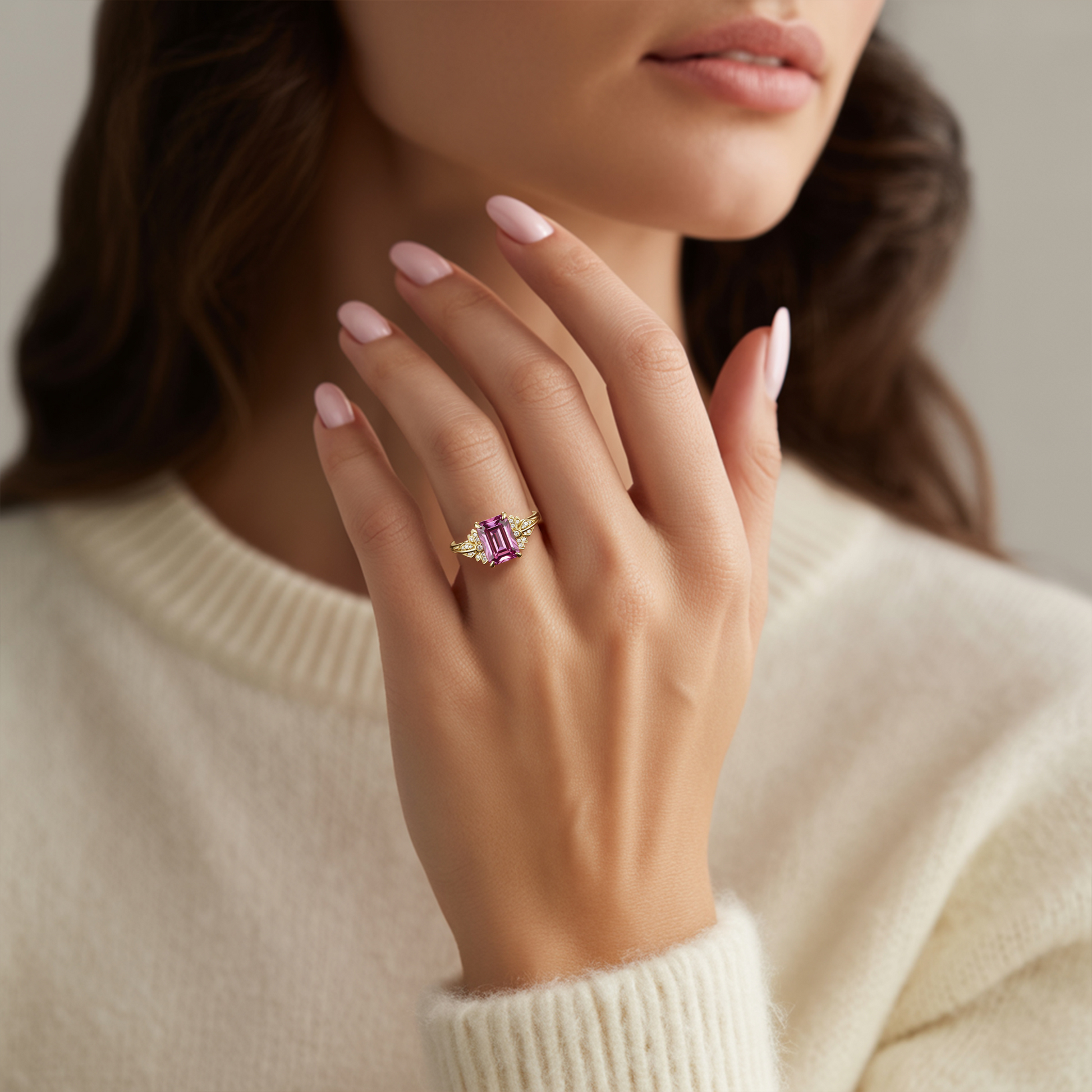 Marivelle Vintage 2CT Emerald-Cut Pink Gemstone Ring