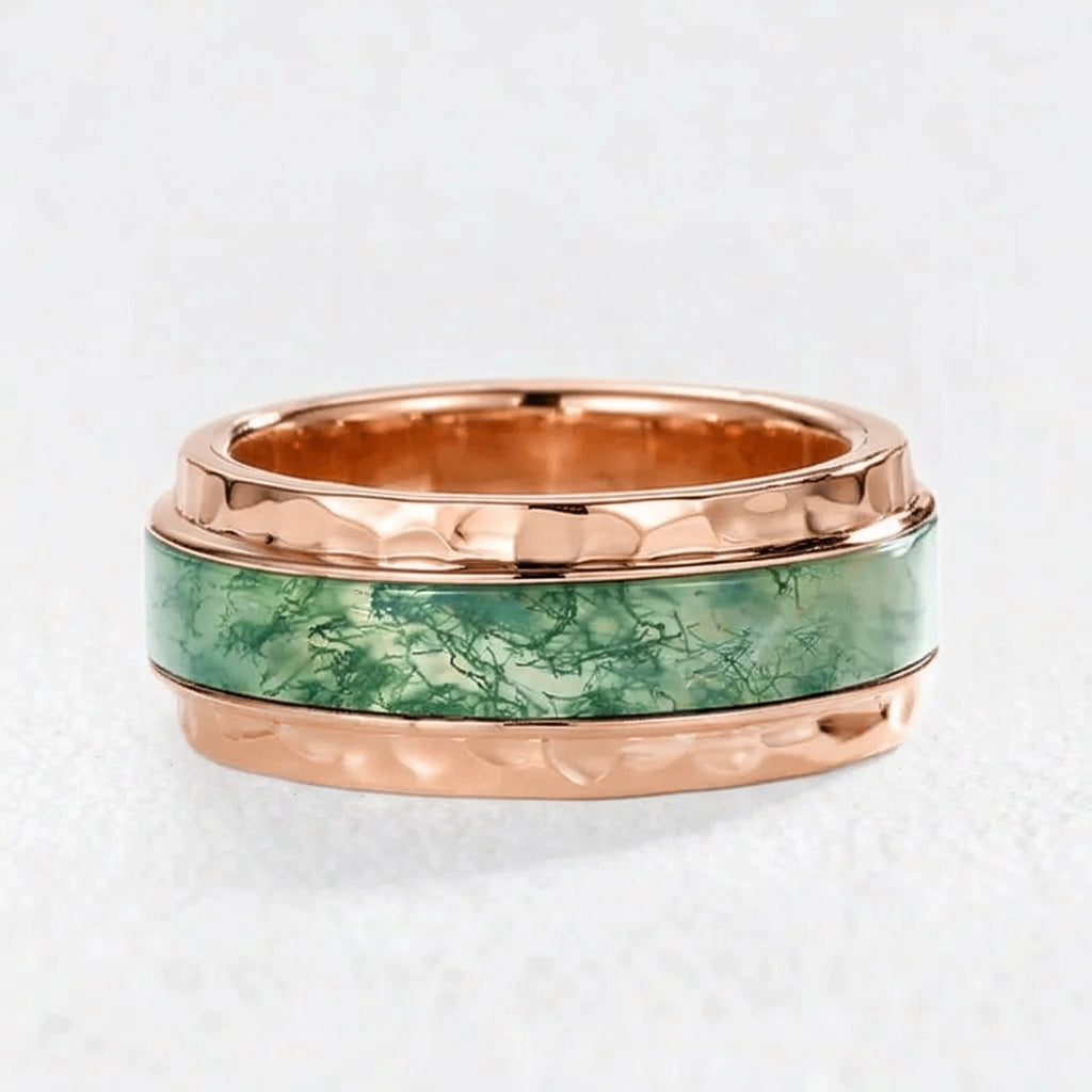 Bold Hammered Sterling Silver Moss Agate Statement Band Ring