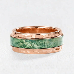 Bold Hammered Sterling Silver Moss Agate Statement Band Ring