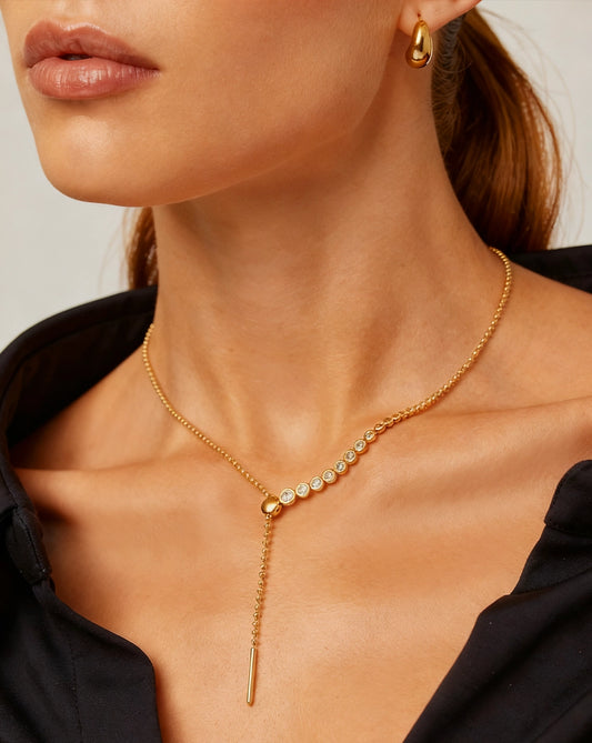 18K Gold Vermeil Beaded Stone Slider Lariat Necklace
