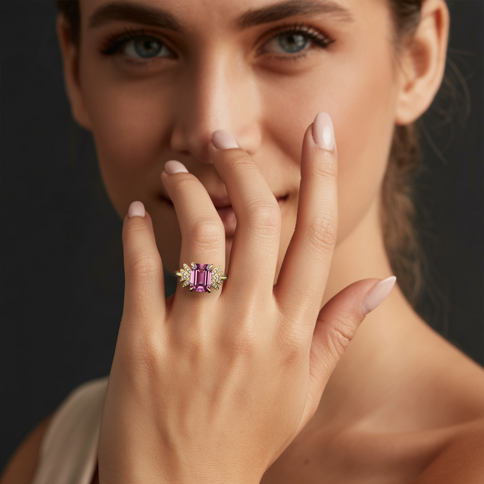 Evadne 2CT Pink Emerald-Cut Pink Gemstone Ring