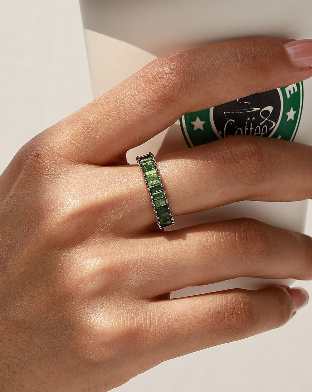 Natural Baguette Emerald Terrace Moss Agate Ring