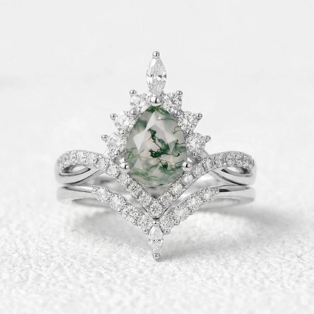 Pear Stack Moss Agate Leaf Engagement Ring Set