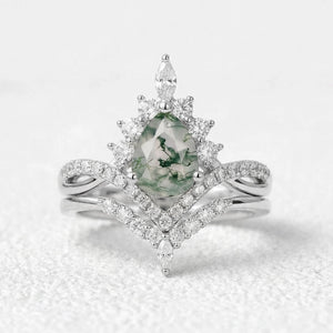 Pear Stack Moss Agate Leaf Engagement Ring Set