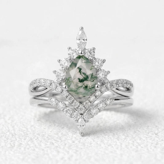 Pear Stack Moss Agate Leaf Engagement Ring Set