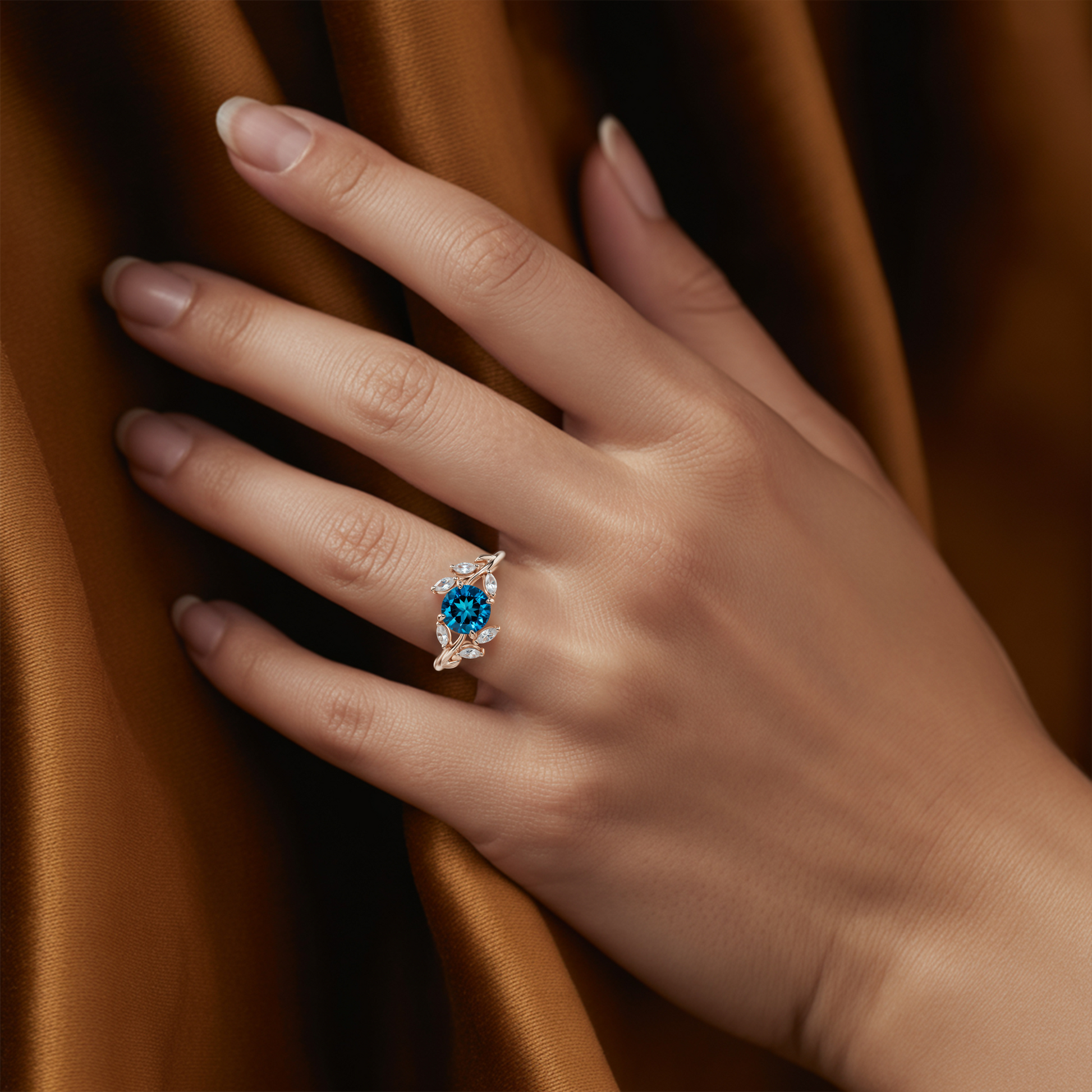 Sylvana 1CT Round Cut Royal Blue Gemstone Vine Ring