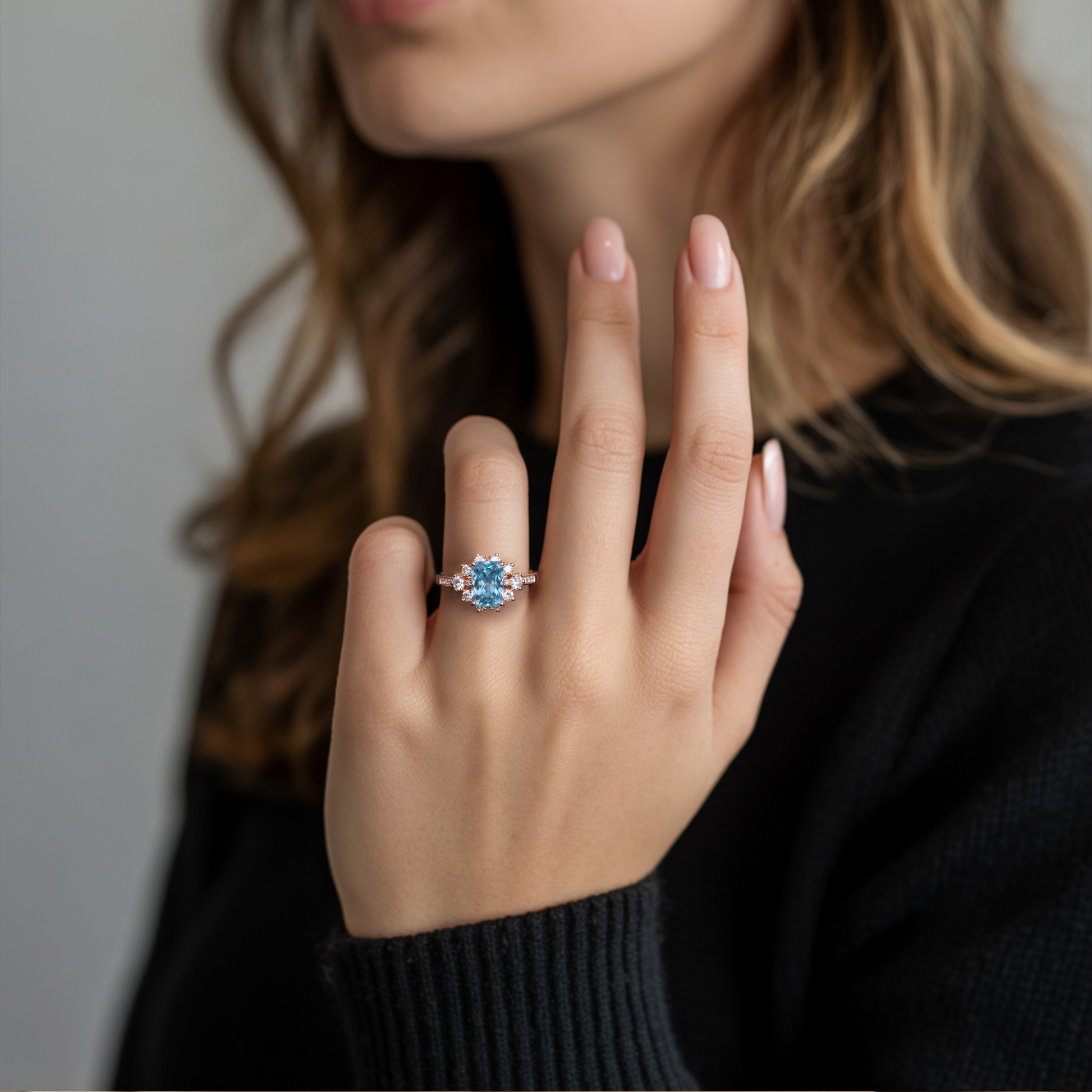 Bethany 3CT Radiant Cut Blue Gemstone Halo Ring