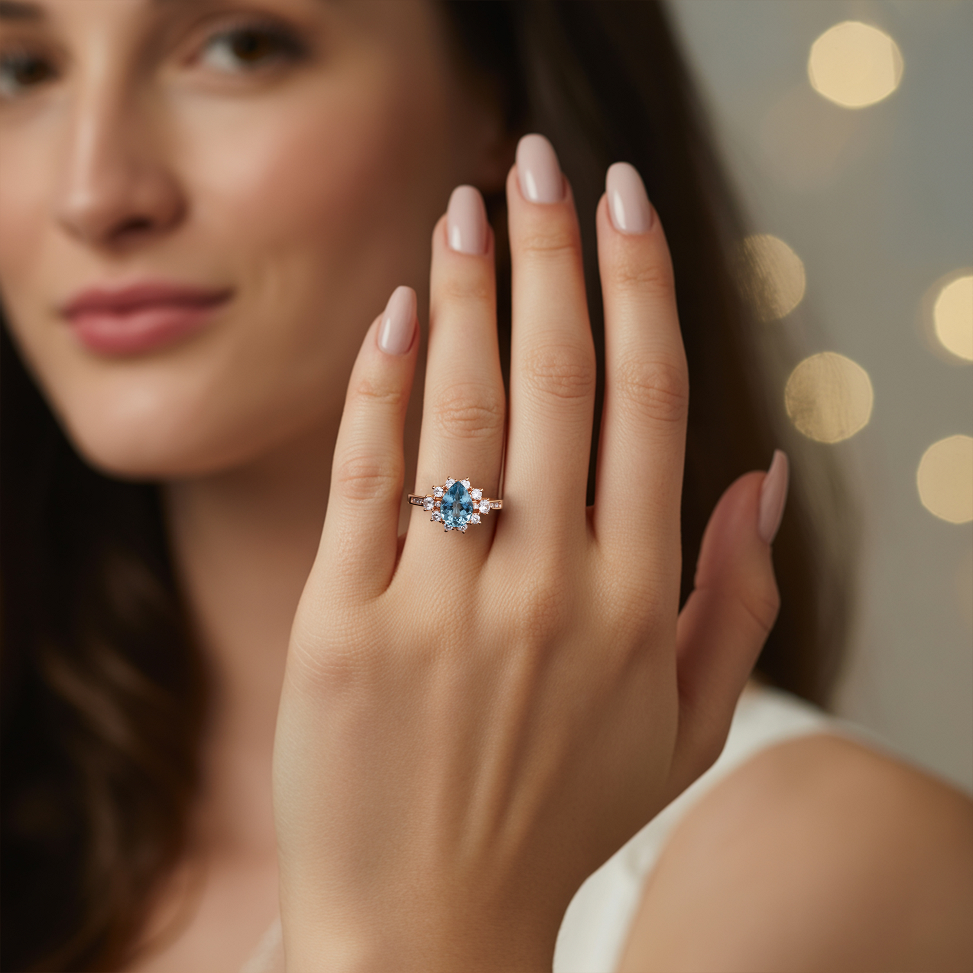 The Bethany 2CT Pear Cut Blue Moissanite Halo Ring