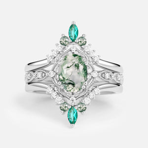 Vintage Oval Cut Moss Agate & Lab Emerald Signature Engagement Ring Set 3pcs