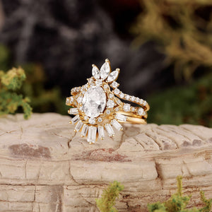Unique Oval Cut Moissanite Sunflower Engagement Ring Set 3pcs