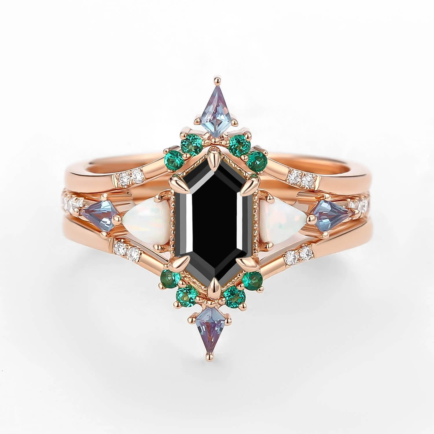 Max Hexagon Moss Agate & Opal & Alexandrite & Emerald Engagement Ring Set 3pcs