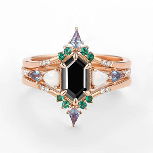 Max Hexagon Moss Agate & Opal & Alexandrite & Emerald Engagement Ring Set 3pcs