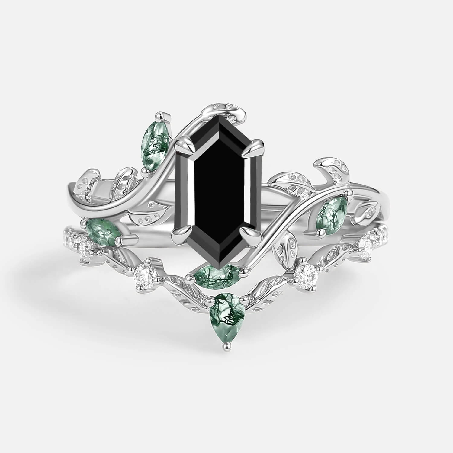 Daphne Moss Agate Hexagon Vine Engagement Ring Set 2pcs