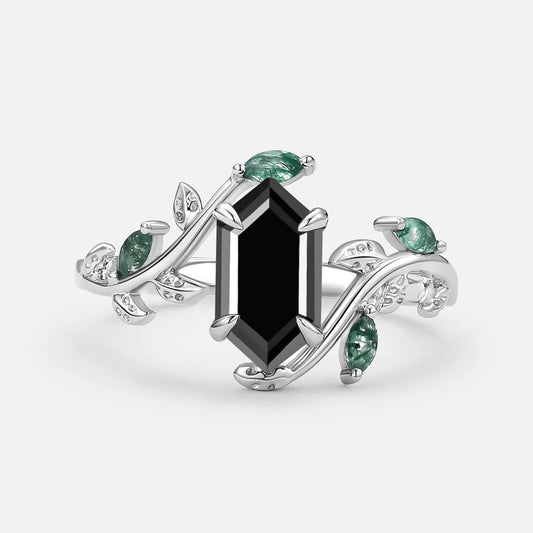 Vintage Hexagon Cut Moss Agate Leafy Engagement Ring