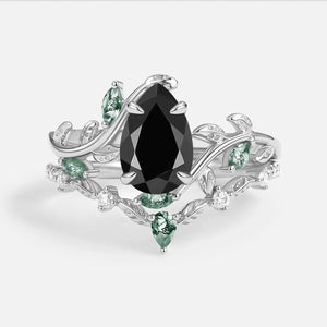 Daphne Pear Cut Moss Agate Vine Engagement Ring Set 2pcs