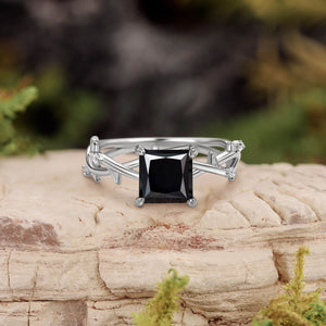 Nature Inspired Princess Cut Moss Agate Leafy Engagement Ring
