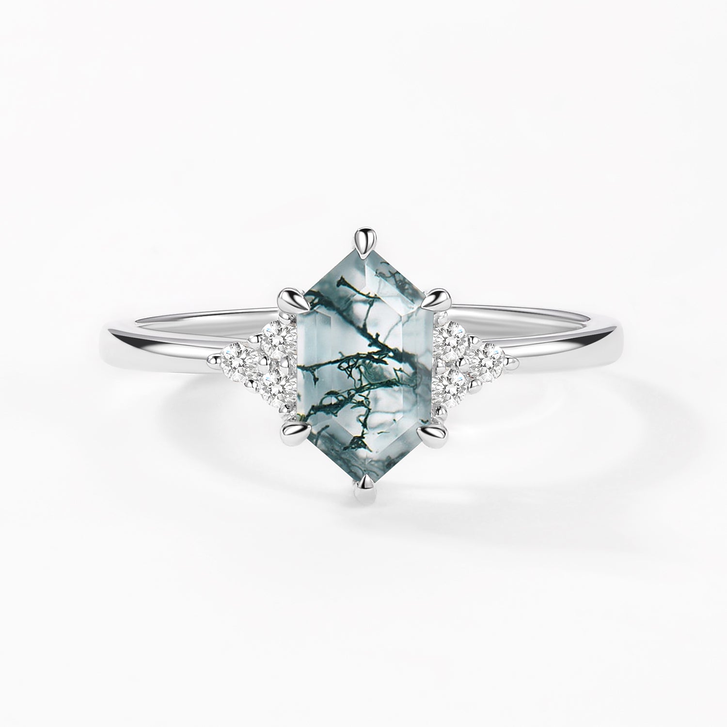 Vintage Hexagon Moss Agate 3 Stone Engagement Ring - Nova