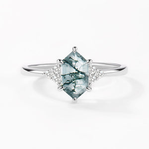 Vintage Hexagon Moss Agate 3 Stone Engagement Ring - Nova
