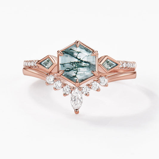 Hexagon Moss Agate Geometric Three Stone Cluster Engagement Ring Set 2pcs