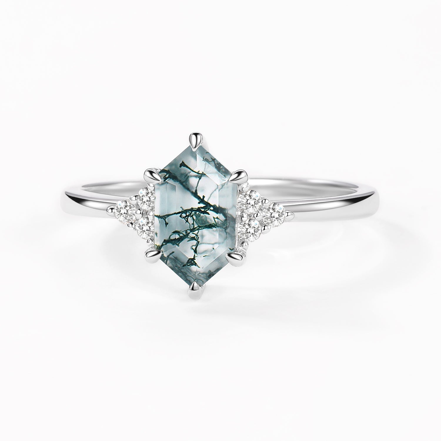 Vintage Hexagon Moss Agate 3 Stone Engagement Ring - Nova