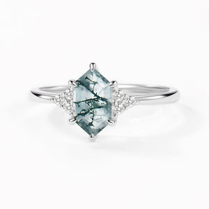 Vintage Hexagon Moss Agate 3 Stone Engagement Ring - Nova