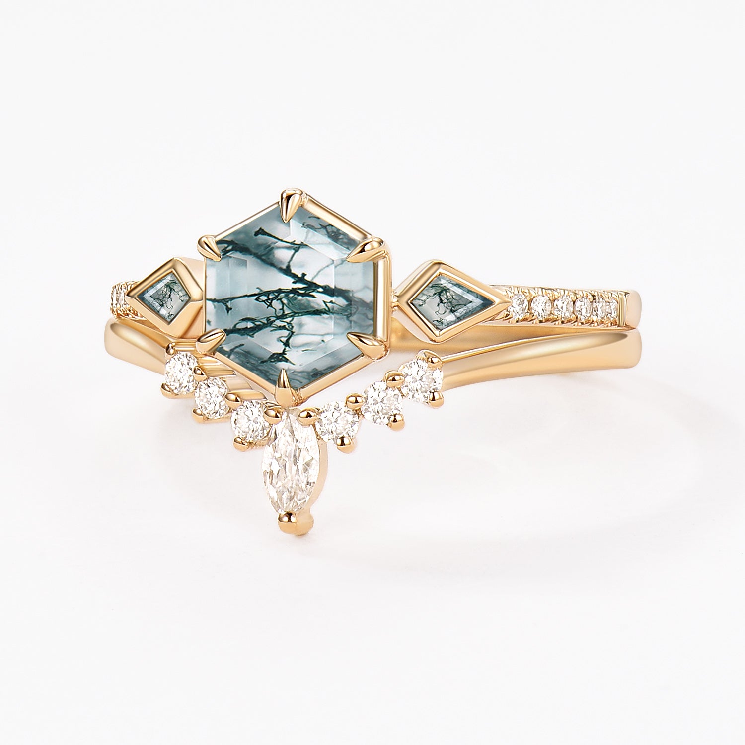 Hexagon Moss Agate Geometric Three Stone Cluster Engagement Ring Set 2pcs