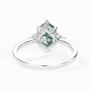 Vintage Hexagon Moss Agate 3 Stone Engagement Ring - Nova