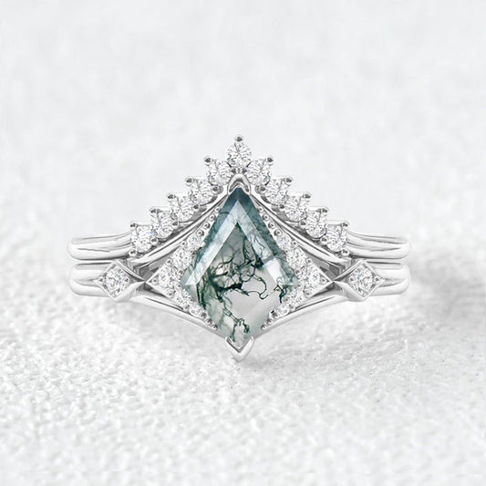 Kite Cut Moss Agate Art-Deco Gorgeous Engagement Ring Set 2pcs