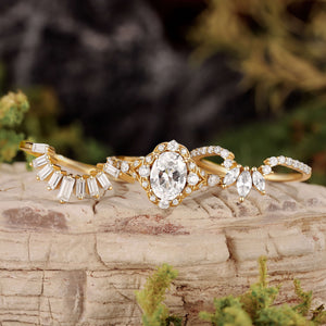 Unique Oval Cut Moissanite Sunflower Engagement Ring Set 3pcs