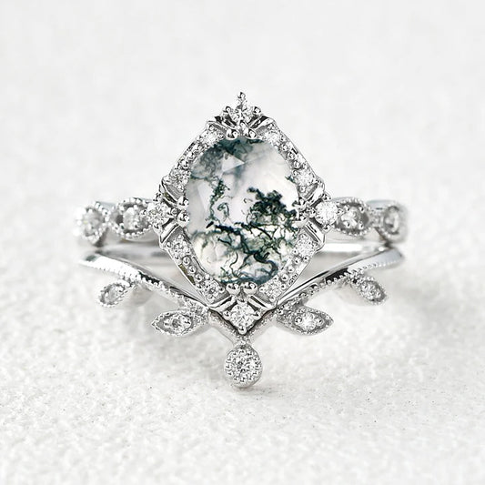 Oval Moss Agate & Moissanite Floral Ring Set 2pcs