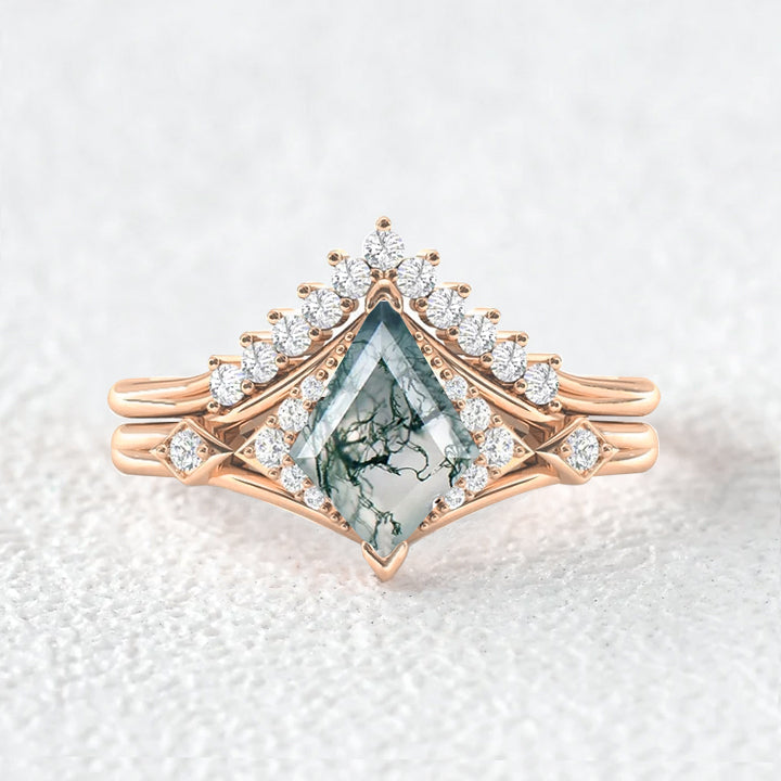 Kite Cut Moss Agate Art-Deco Gorgeous Engagement Ring Set 2pcs