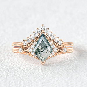 Kite Cut Moss Agate Art-Deco Gorgeous Engagement Ring Set 2pcs