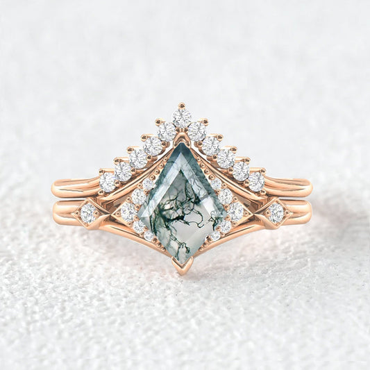 Kite Cut Moss Agate Art-Deco Gorgeous Engagement Ring Set 2pcs