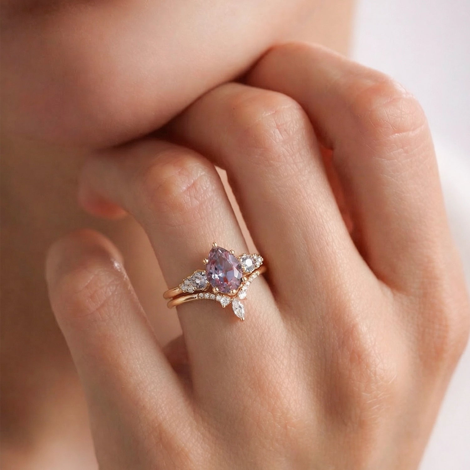 Fern Pear Shaped Alexandrite Cluster Gold Ring Set 2pcs