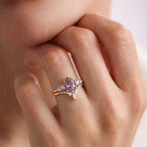 Fern Pear Shaped Alexandrite Cluster Gold Ring Set 2pcs