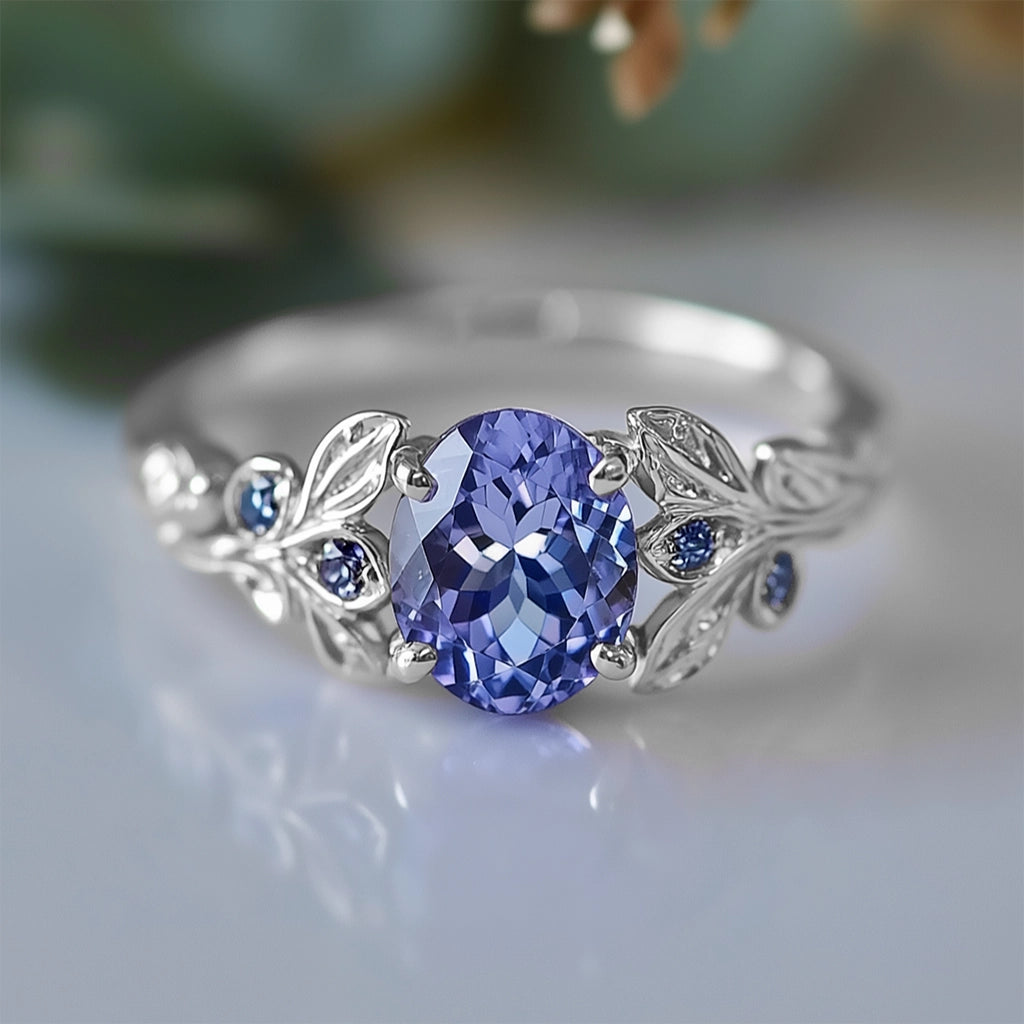 Aria‘s Glade | Oval Cut Tanzanite & Blue Diamond Leaf Engagement Ring