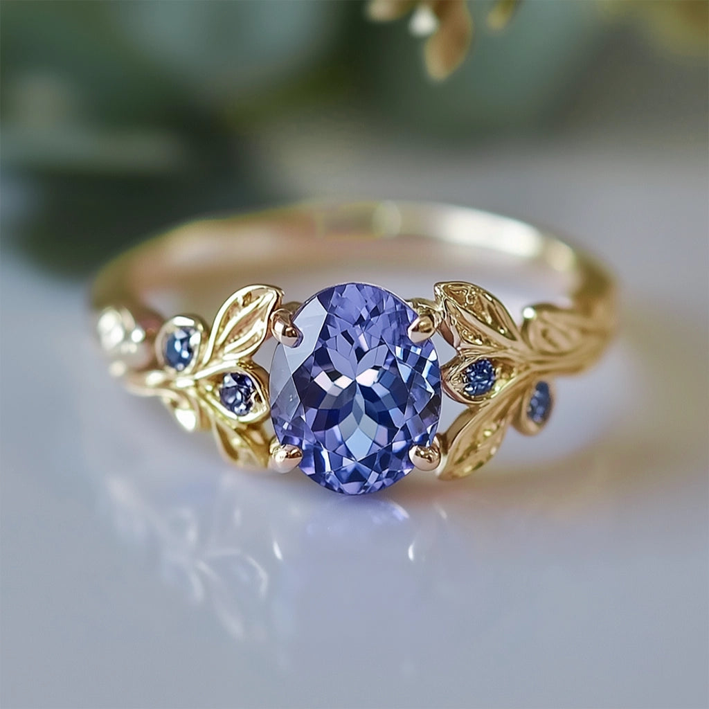 Aria‘s Glade | Oval Cut Tanzanite & Blue Diamond Leaf Engagement Ring