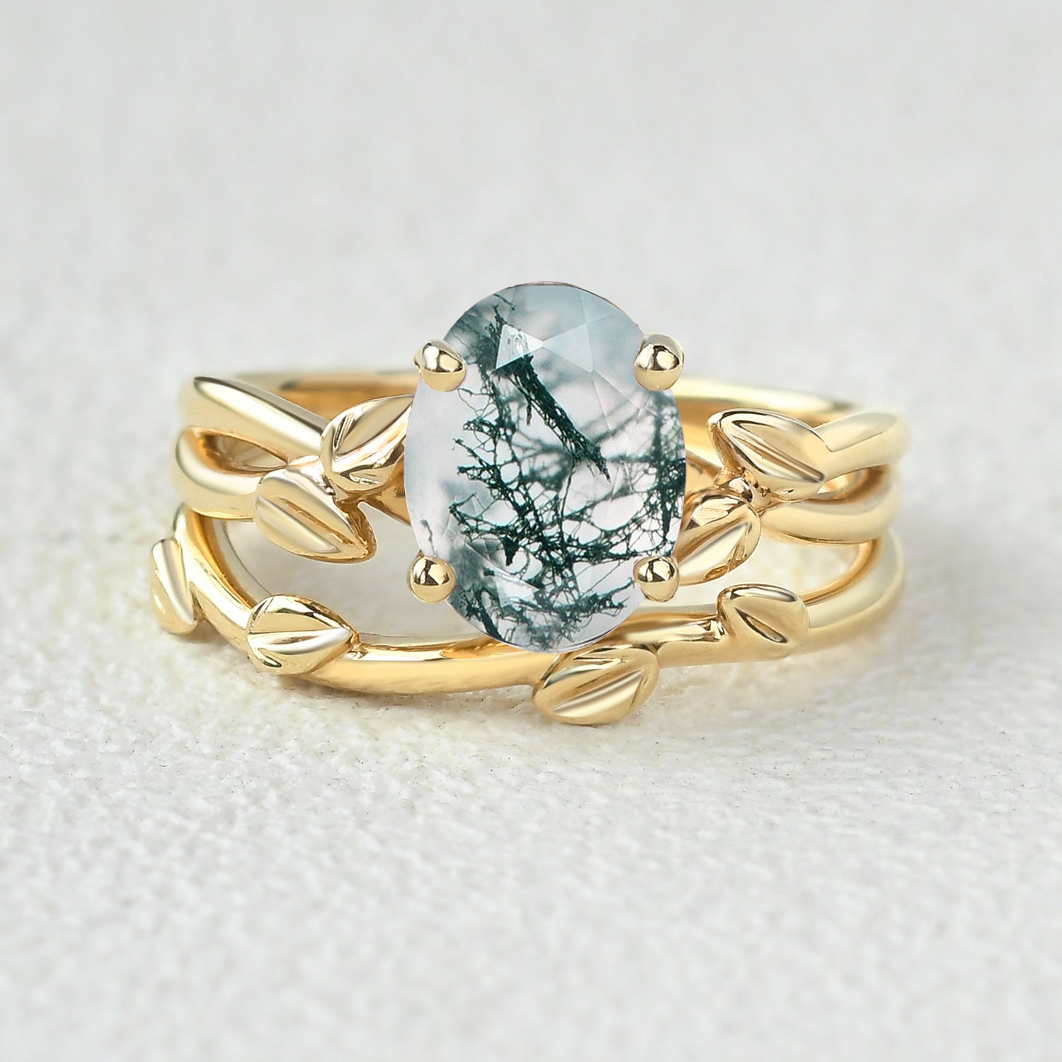 Twisted Leaf Oval Moss Agate Engagement Ring Sets 2pcs