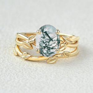 Twisted Leaf Oval Moss Agate Engagement Ring Sets 2pcs