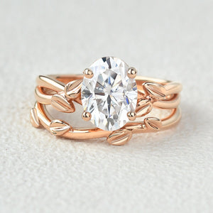 Twisted Leaf Oval Moss Agate Engagement Ring Sets 2pcs