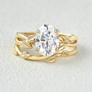 Twisted Leaf Oval Moss Agate Engagement Ring Sets 2pcs