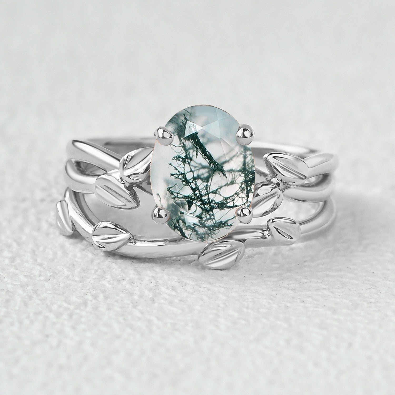 Twisted Leaf Oval Moss Agate Engagement Ring Sets 2pcs