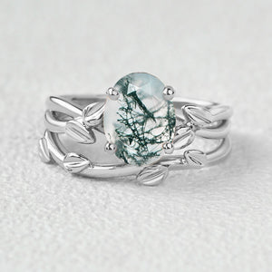 Twisted Leaf Oval Moss Agate Engagement Ring Sets 2pcs