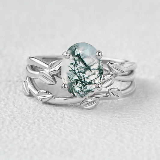 Twisted Leaf Oval Moss Agate Engagement Ring Sets 2pcs