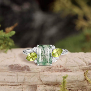 Nature Inspired Emerald Cut Moss Agate Double Pear Peridot Engagement Ring